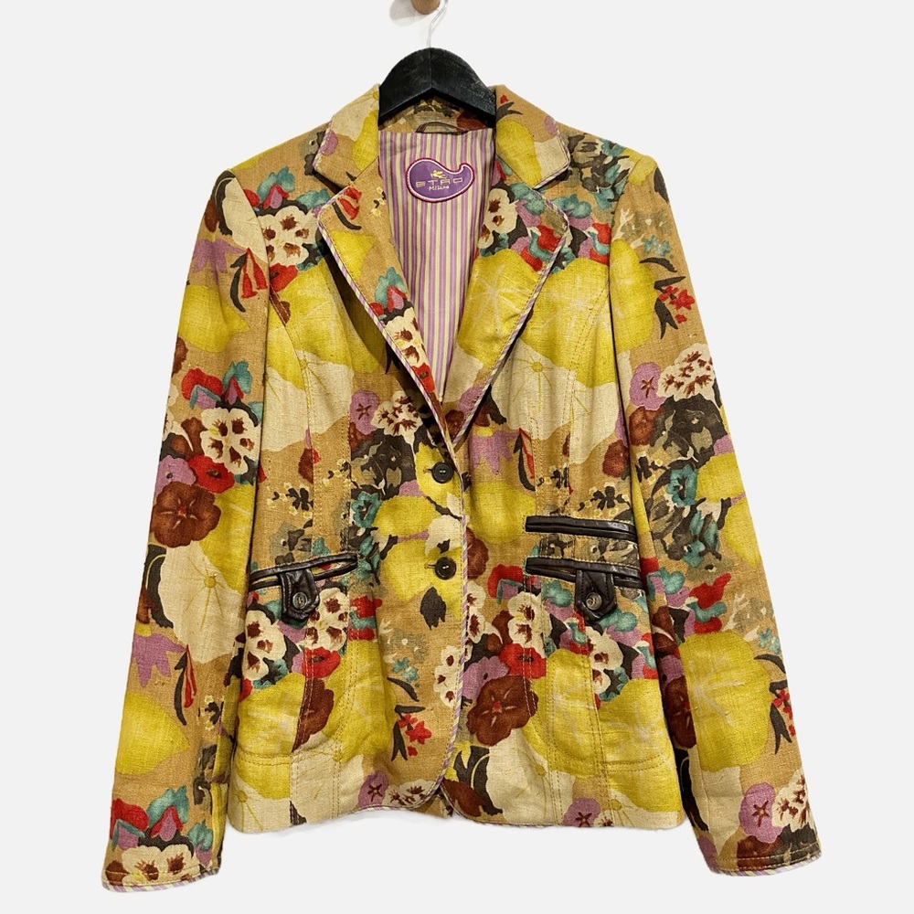 Etro Milano Vintage Linen Floral Blazer Size 44 - Picture 2 of 11